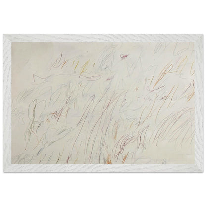 Sunset by Cy Twombly framed art print; featuring a soft ivory background covered with delicate pencil marks, flowing curves, spontaneous scribbles; size 50 × 70 cm (20 × 28 in); white frame.