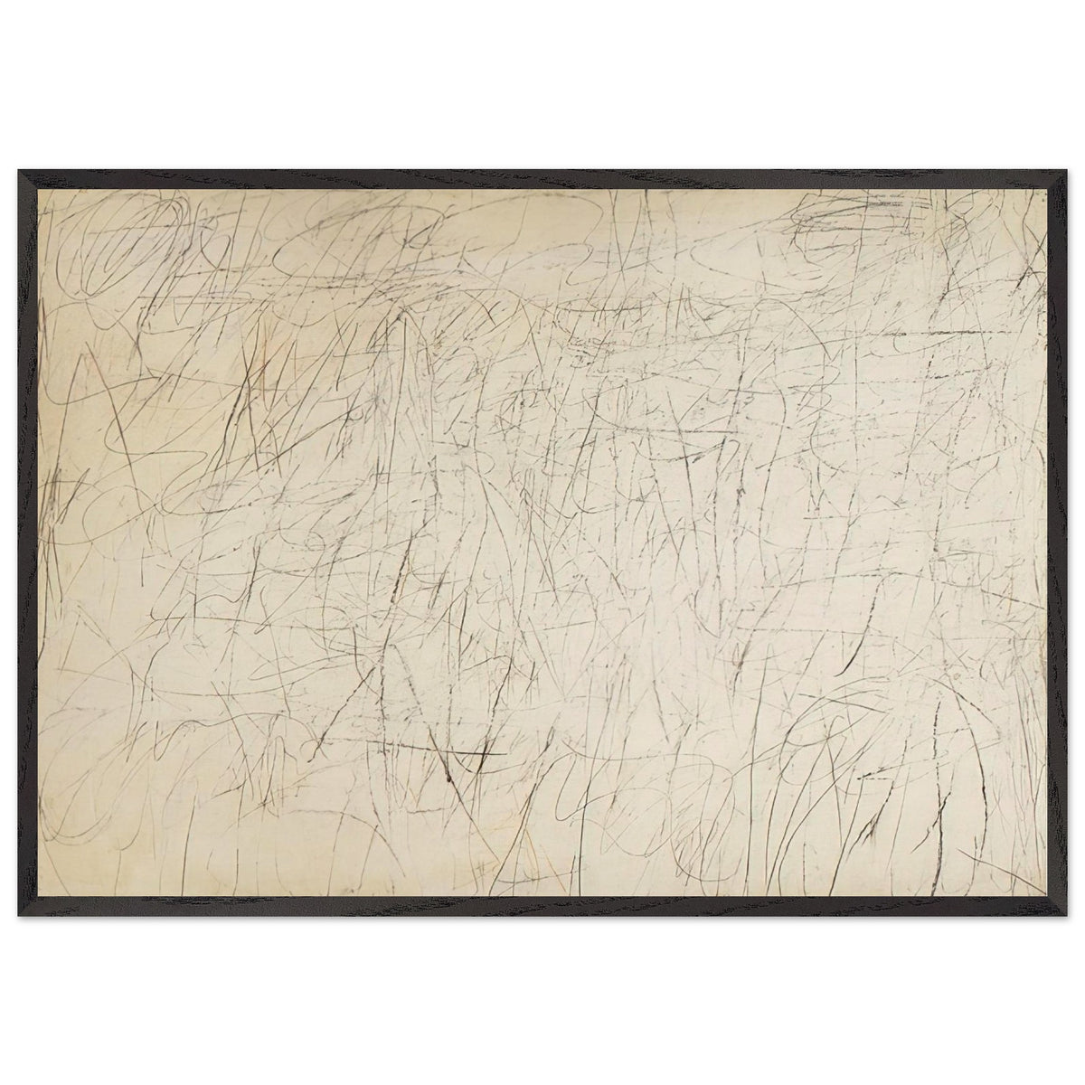 The Geeks by Cy Twombly framed art print; featuring an ivory and warm beige background covered with delicate pencil-like scribbles, intersecting lines; size 800 × 1200 mm (32 × 48 in); white frame.