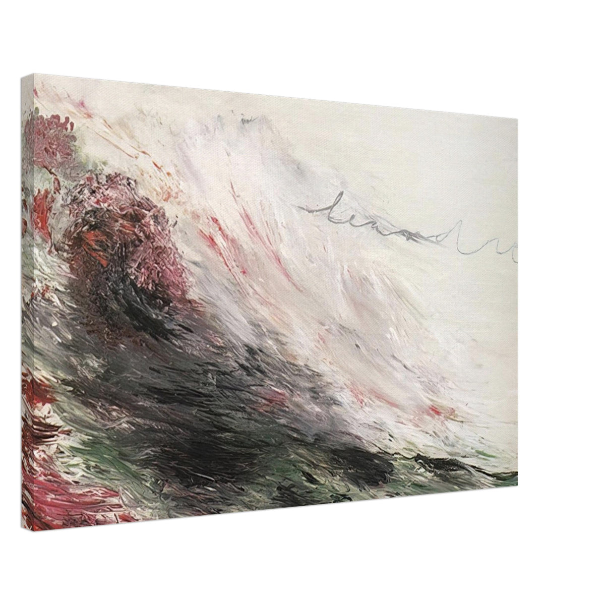 Hero and Leandro (A Painting in Four Parts) Part I by Cy Twombly canvas print, 60 × 90 cm / 24 × 36 in: sweeping white and gray strokes with muted pink, deep green, charcoal, and earthy red tones.