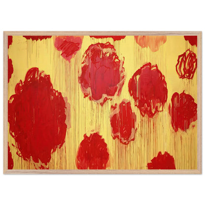 Untitled (Peonias Series) by Cy Twombly framed art print; featuring bold crimson-red and scarlet flower forms against a luminous golden-yellow background; size 50 × 70 cm (20 × 28 in); white frame.