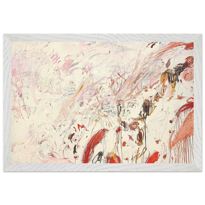 Ferragosto III by Cy Twombly framed art print; featuring energetic brushstrokes, delicate scribbles, and layered gestures in shades of red, pink, rust, orange, ochre; size 70 × 100 cm (28 × 40 in); white frame.
