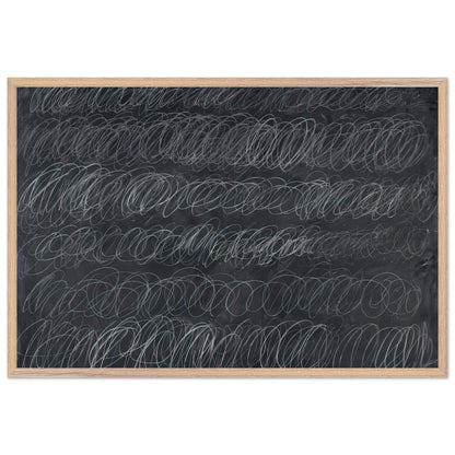 Cold Stream by Cy Twombly framed art print; featuring dense, repeating white and gray scribbled lines arranged in horizontal rows across a deep charcoal-gray; size 60 × 90 cm (24 × 36 in); black frame.