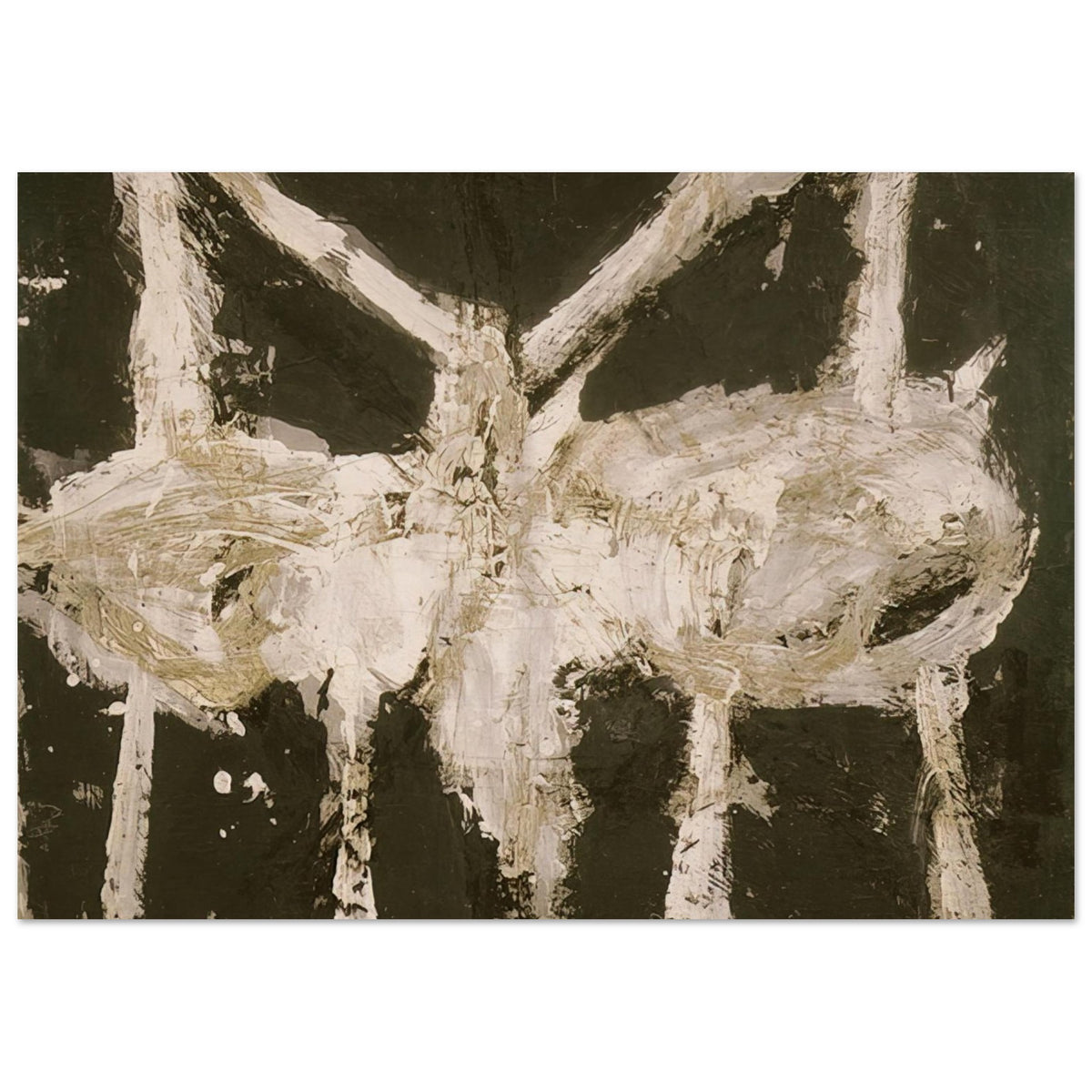 Min-Oe by Cy Twombly poster, 60 × 90 cm / 24 × 36 in: This striking composition features expressive ivory-white forms against a deep, dark background….