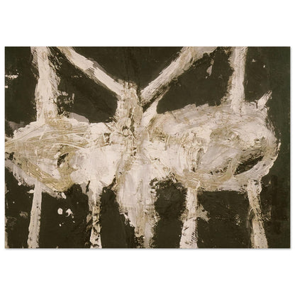 Min-Oe by Cy Twombly poster, 60 × 90 cm / 24 × 36 in: This striking composition features expressive ivory-white forms against a deep, dark background….