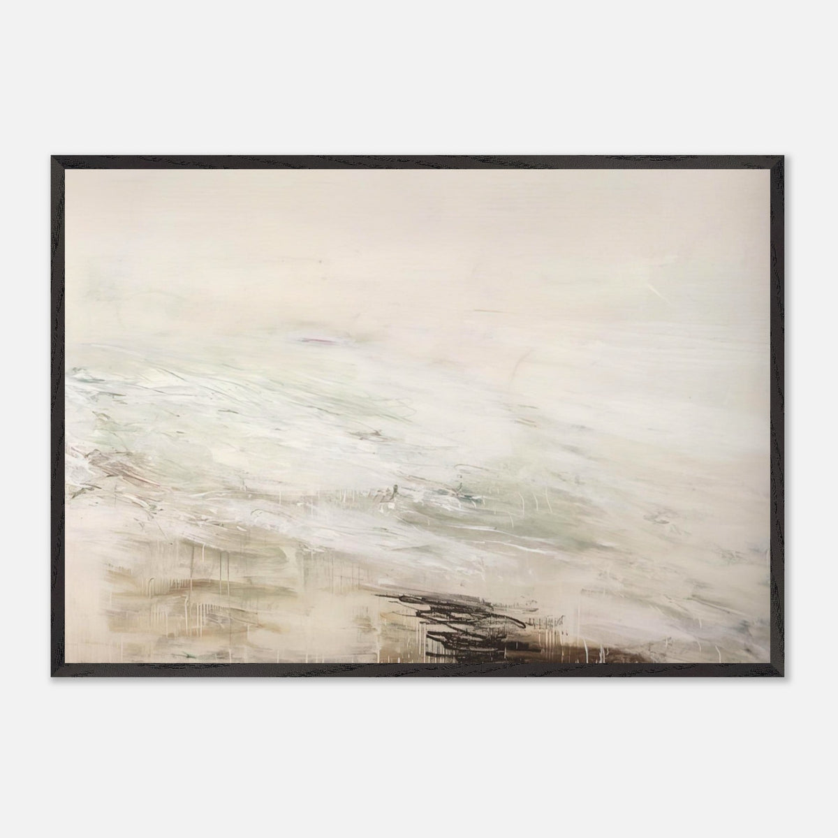 Hero and Leandro (A Painting in Four Parts) Part II by Cy Twombly framed art print; featuring expansive white and ivory tones, delicate gray marks, subtle beige and pale green hues; size 50 × 70 cm (20 × 28 in); black frame.