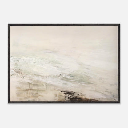 Hero and Leandro (A Painting in Four Parts) Part II by Cy Twombly framed art print; featuring expansive white and ivory tones, delicate gray marks, subtle beige and pale green hues; size 50 × 70 cm (20 × 28 in); black frame.