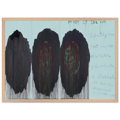 The Rose (V) by Cy Twombly framed art print; featuring three monumental rose forms in deep black, charcoal, burgundy, and dark crimson; size 50 × 70 cm (20 × 28 in); white frame.