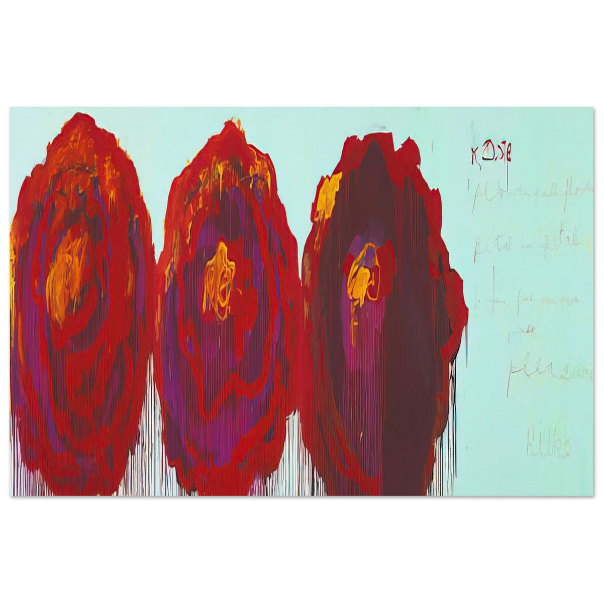 The Rose (IV) by Cy Twombly poster, 60 × 90 cm / 24 × 36 in: This expressive composition features three large, rose-inspired forms painted in vibrant shades….