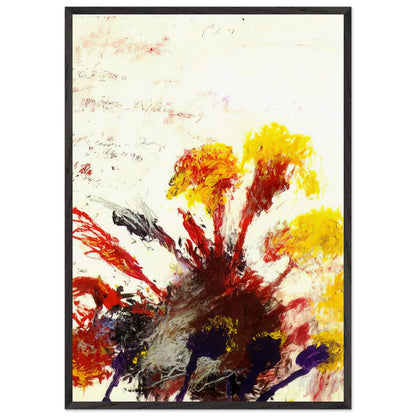 Summer Madness by Cy Twombly, framed art print, energetic red and crimson brushstrokes with bright yellow, orange, 27x35 cm (11x14 in), white frame