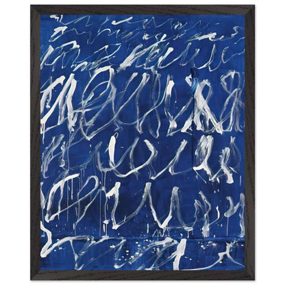 Untitled by Cy Twombly, framed art print, deep blue ground covered with energetic white brushstrokes, looping, 27x35 cm (11x14 in), black frame