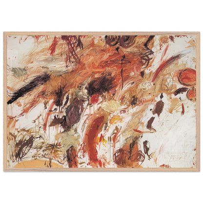 Ferragosto V by Cy Twombly framed art print; featuring energetic brushstrokes, layered pigments, and spontaneous gestures in shades of rust red, burnt orange; size 60 × 90 cm (24 × 36 in); white frame.