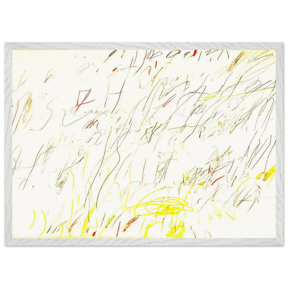 Blue Room by Cy Twombly framed art print; featuring delicate, spontaneous scribbles and gestural lines in shades of black, red, orange; size 50 × 70 cm (20 × 28 in); wood frame.