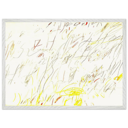 Blue Room by Cy Twombly framed art print; featuring delicate, spontaneous scribbles and gestural lines in shades of black, red, orange; size 50 × 70 cm (20 × 28 in); wood frame.