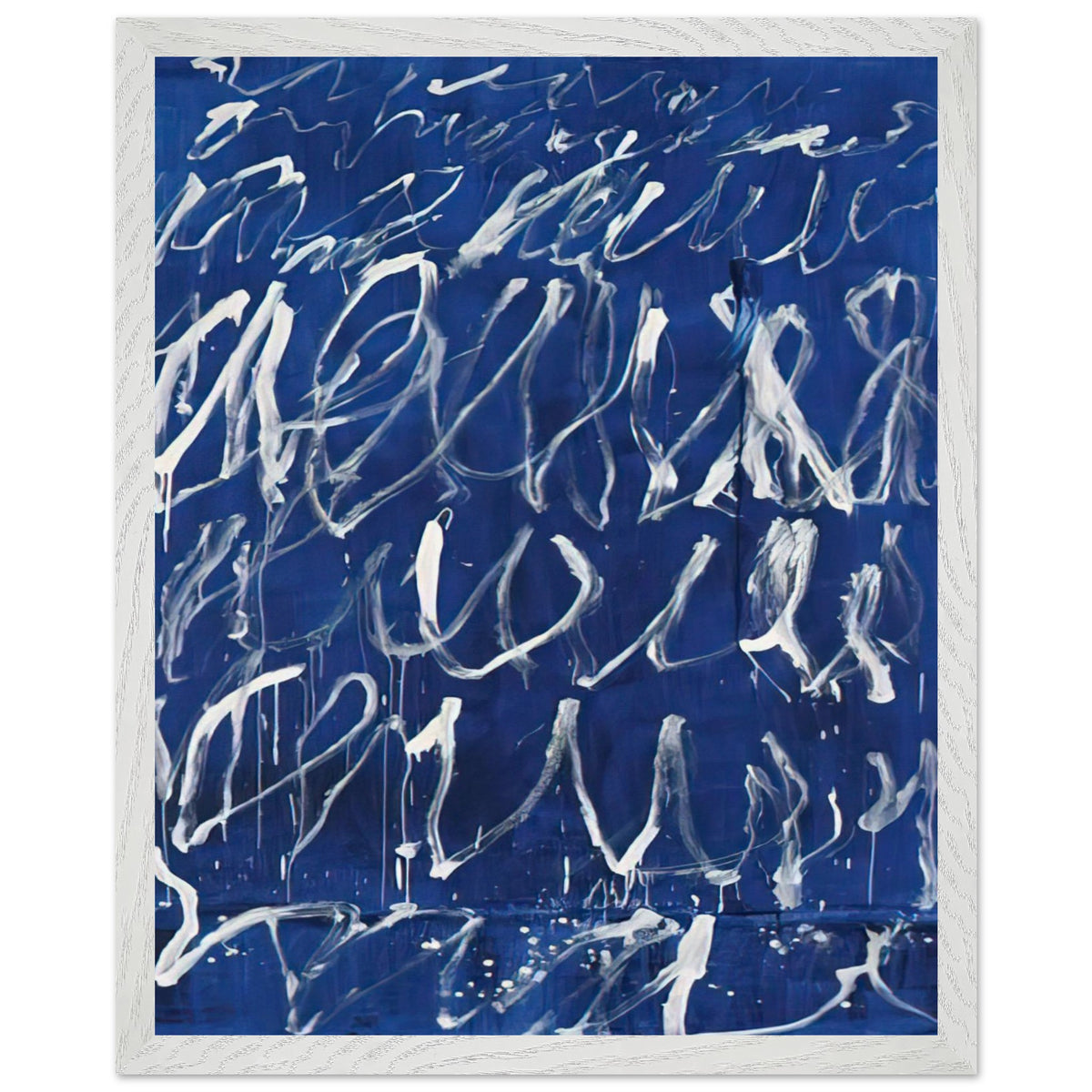 Untitled by Cy Twombly, framed art print, deep blue ground covered with energetic white brushstrokes, looping, 50x70 cm (20x28 in), wood frame