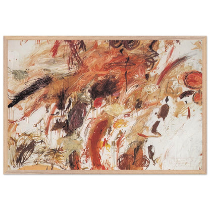 Ferragosto V by Cy Twombly framed art print; featuring energetic brushstrokes, layered pigments, and spontaneous gestures in shades of rust red, burnt orange; size A1 (59.4 × 84.1 cm); white frame.