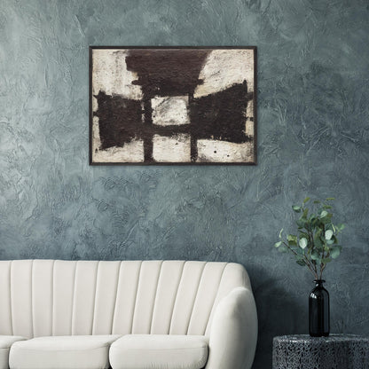 Zyig by Cy Twombly framed art print; featuring bold black and dark brown geometric forms against a textured ivory background.