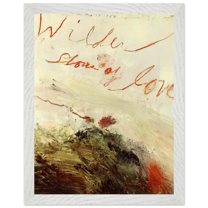 Wilder Shores of Love by Cy Twombly, framed art print, sweeping red and orange handwritten marks, subtle pencil lines, 60x80 cm (24x32 in), white frame