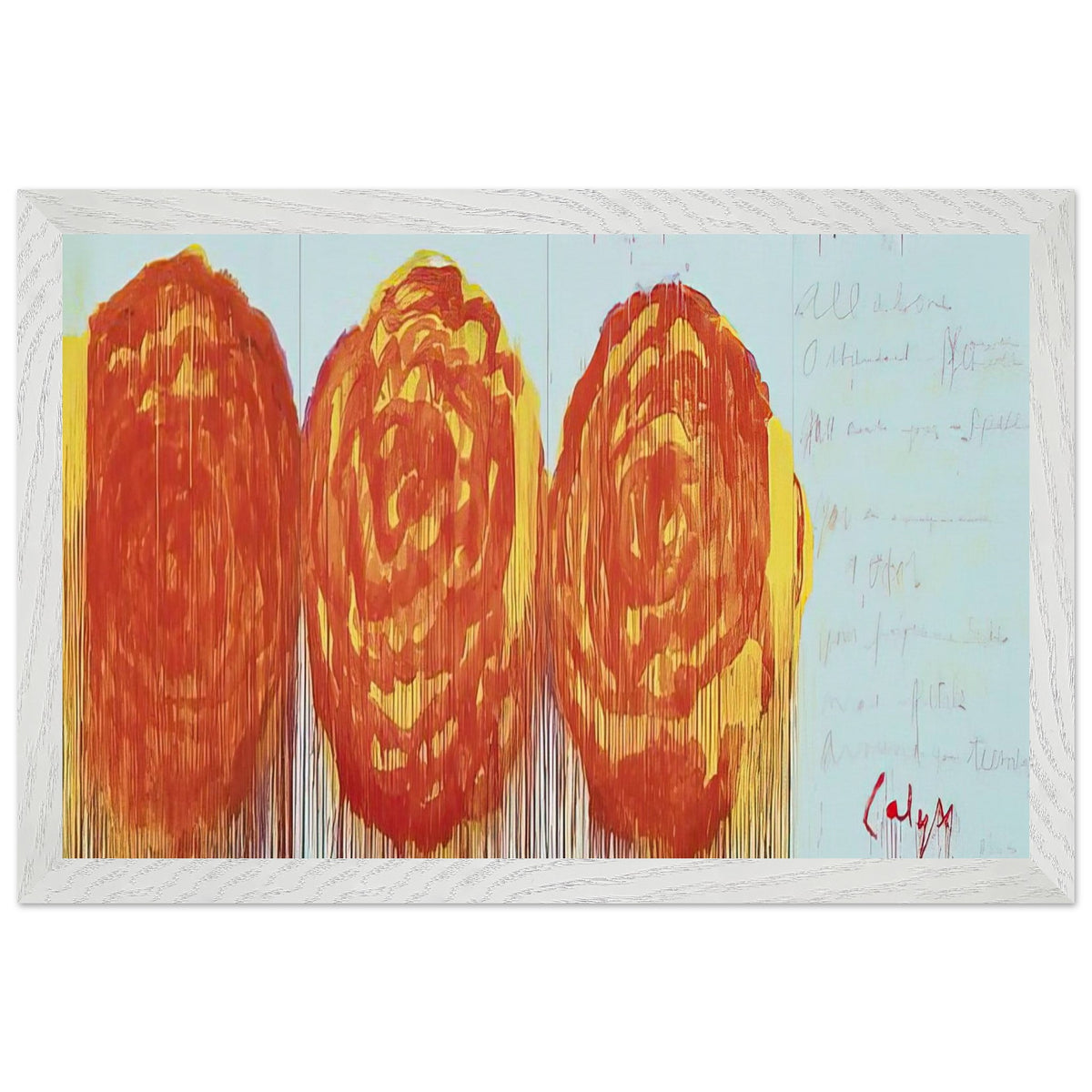 The Rose (II) by Cy Twombly framed art print; featuring three oversized rose-like forms in vibrant orange, fiery red; size 28 × 43 cm (11 × 17 in); white frame.