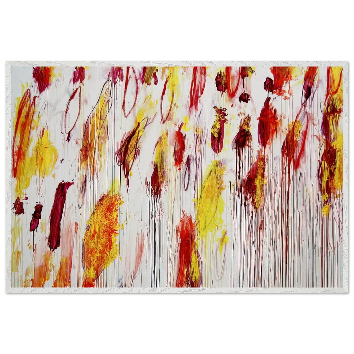 Lepanto, Part IV by Cy Twombly framed art print; featuring vivid yellow and golden-orange pigments, fiery red and crimson brushstrokes, delicate pink accents; size 30 × 45 cm (12 × 18 in); wood frame.
