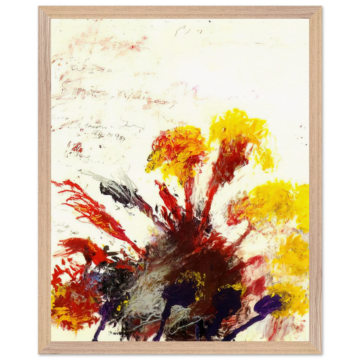 Summer Madness by Cy Twombly, framed art print, energetic red and crimson brushstrokes with bright yellow, orange, 40x50 cm (16x20 in), black frame