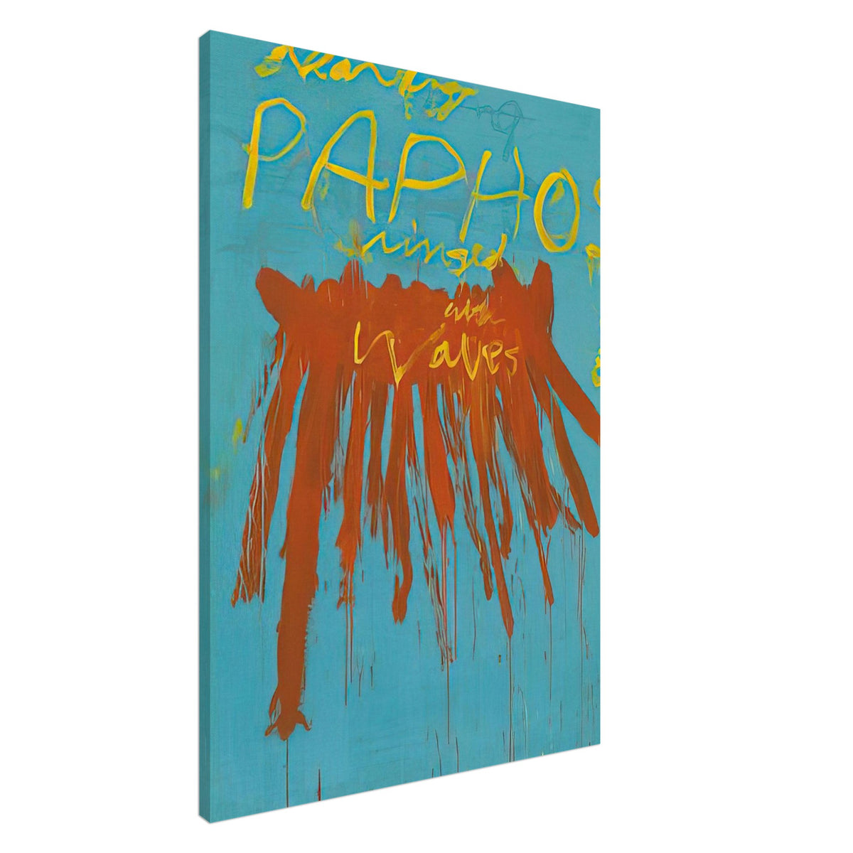 Leaving Paphos Ringed with Waves (IV) by Cy Twombly, canvas print, 45x60 cm / 18x24″; a turquoise background with bold orange-red brushstrokes and expressive yellow handwritten lettering