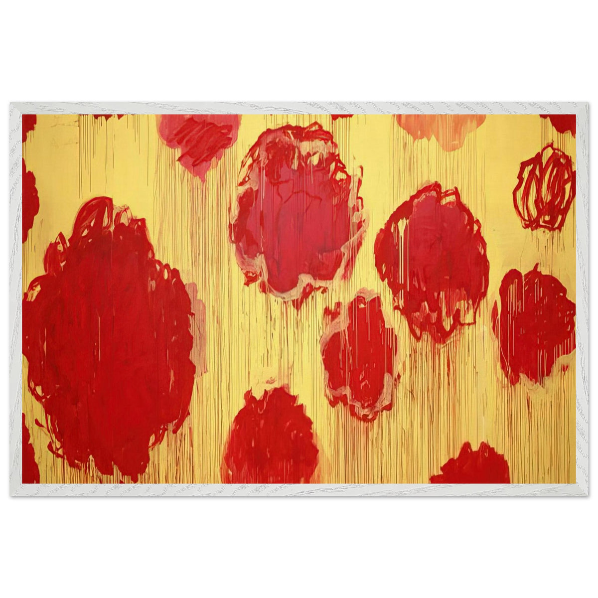 Untitled (Peonias Series) by Cy Twombly framed art print; featuring bold crimson-red and scarlet flower forms against a luminous golden-yellow background; size 50 × 70 cm (20 × 28 in); wood frame.