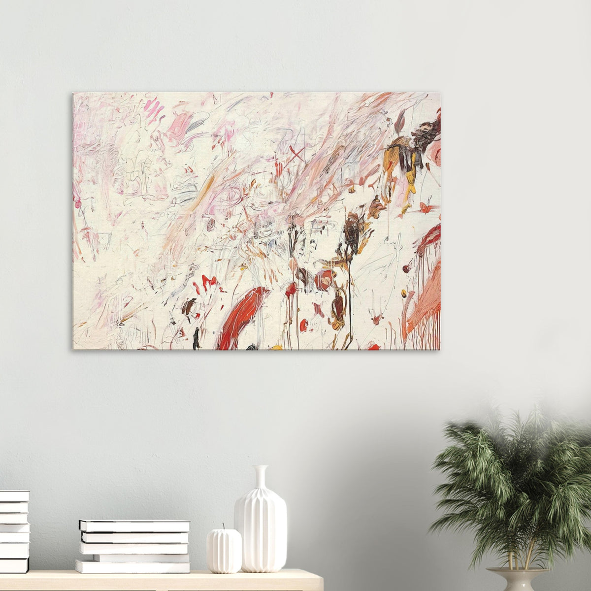 Ferragosto III by Cy Twombly canvas print: a pale cream background covered with spontaneous brushstrokes, delicate lines….
