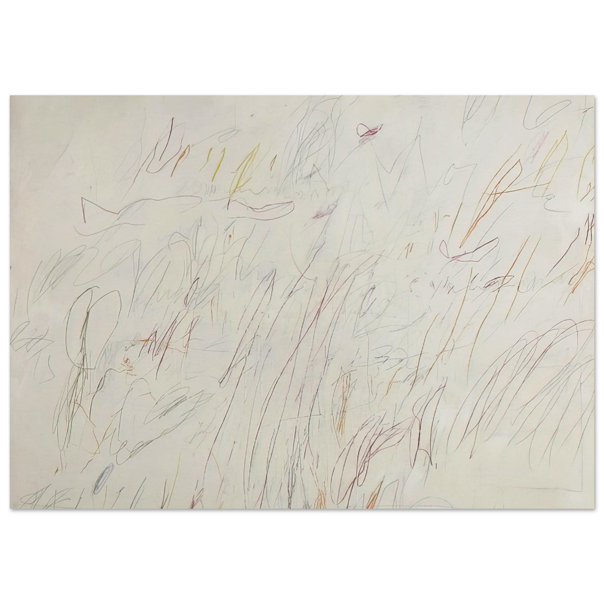 Olympia by Cy Twombly poster, 40 × 60 cm / 16 × 24 in: This expressive composition features a pale ivory background covered with delicate pencil-like lines….