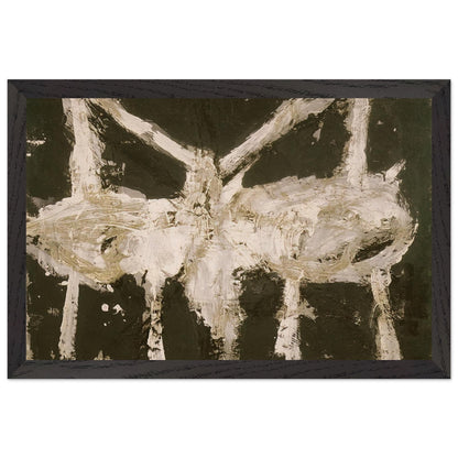Min-Oe by Cy Twombly framed art print; featuring bold black and deep olive tones contrasted with expressive ivory and cream forms; size 30 × 45 cm (12 × 18 in); black frame.