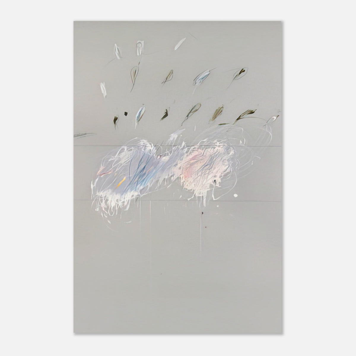 Nine Discourses on Commodus, Part VI by Cy Twombly, poster, muted gray background, delicate white brushstrokes