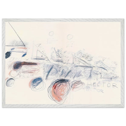 Fifty Days at Iliam: Ilians in Battle by Cy Twombly framed art print; featuring delicate blue-gray lines, energetic red marks, overlapping geometric shapes; size 30 × 45 cm (12 × 18 in); white frame.