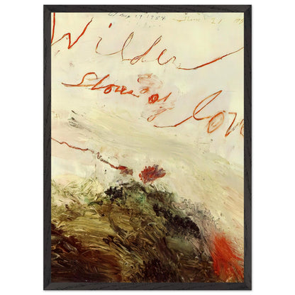 Wilder Shores of Love by Cy Twombly, framed art print, sweeping red and orange handwritten marks, subtle pencil lines, 50x70 cm (20x28 in), black frame