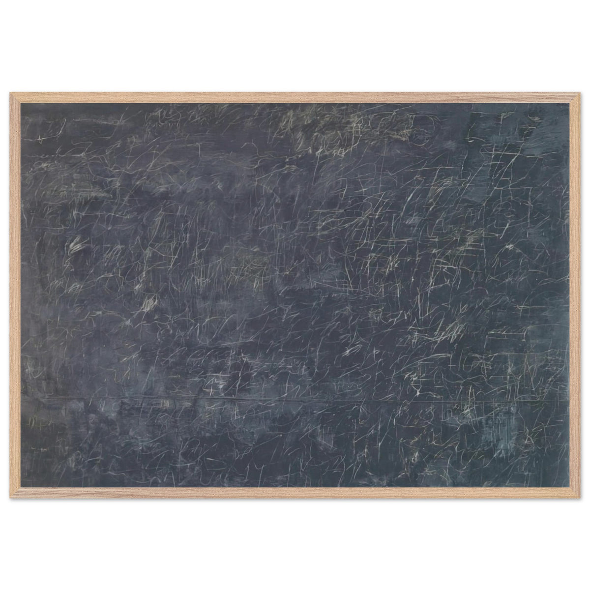 Panorama by Cy Twombly framed art print; featuring a deep charcoal-gray background covered with intricate white and pale-gray scribbles, intersecting lines; size 60 × 90 cm (24 × 36 in); black frame.