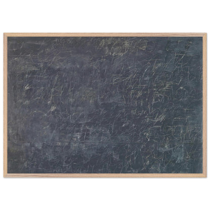 Panorama by Cy Twombly framed art print; featuring a deep charcoal-gray background covered with intricate white and pale-gray scribbles, intersecting lines; size 60 × 90 cm (24 × 36 in); black frame.