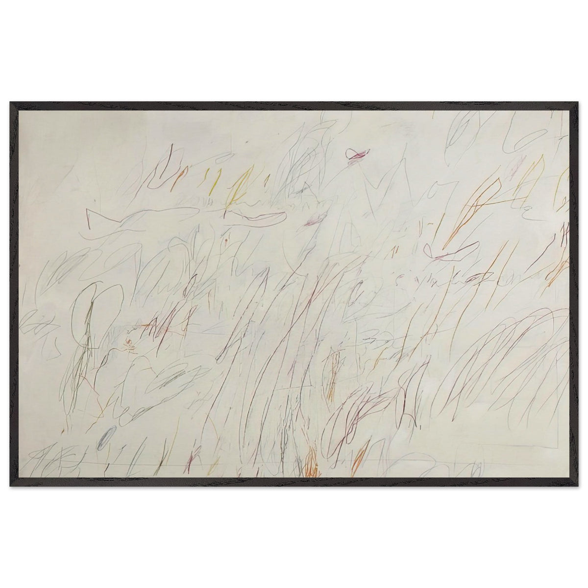 Sunset by Cy Twombly framed art print; featuring a soft ivory background covered with delicate pencil marks, flowing curves, spontaneous scribbles; size 28 × 43 cm (11 × 17 in); wood frame.