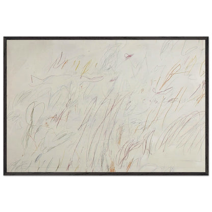 Sunset by Cy Twombly framed art print; featuring a soft ivory background covered with delicate pencil marks, flowing curves, spontaneous scribbles; size 28 × 43 cm (11 × 17 in); wood frame.