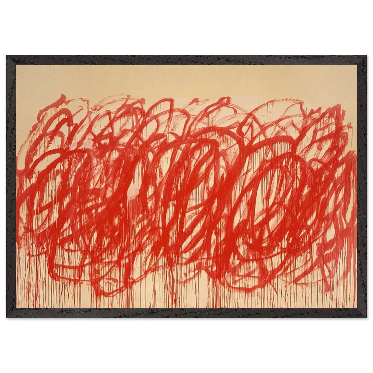 Untitled (Bacchus) by Cy Twombly framed art print; featuring sweeping vermilion-red brushstrokes, overlapping loops, energetic curves; size 60 × 90 cm (24 × 36 in); wood frame.