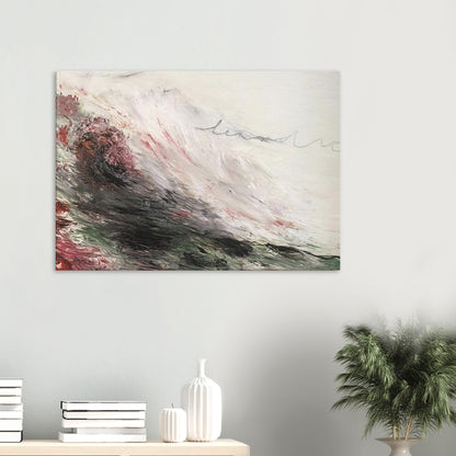 Hero and Leandro (A Painting in Four Parts) Part I by Cy Twombly canvas print: sweeping white and gray strokes with muted pink, deep green, charcoal, and earthy red tones.