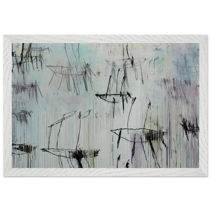 Lepanto, Part V by Cy Twombly framed art print; featuring a pale blue and ivory background, expressive black lines, delicate gray marks, subtle pink undertones; size 800 × 1200 mm (32 × 48 in); wood frame.