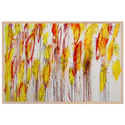 Lepanto, Part I by Cy Twombly framed art print; featuring vivid yellow and golden-orange brushstrokes, fiery red accents, delicate pink marks; size 800 × 1200 mm (32 × 48 in); black frame.