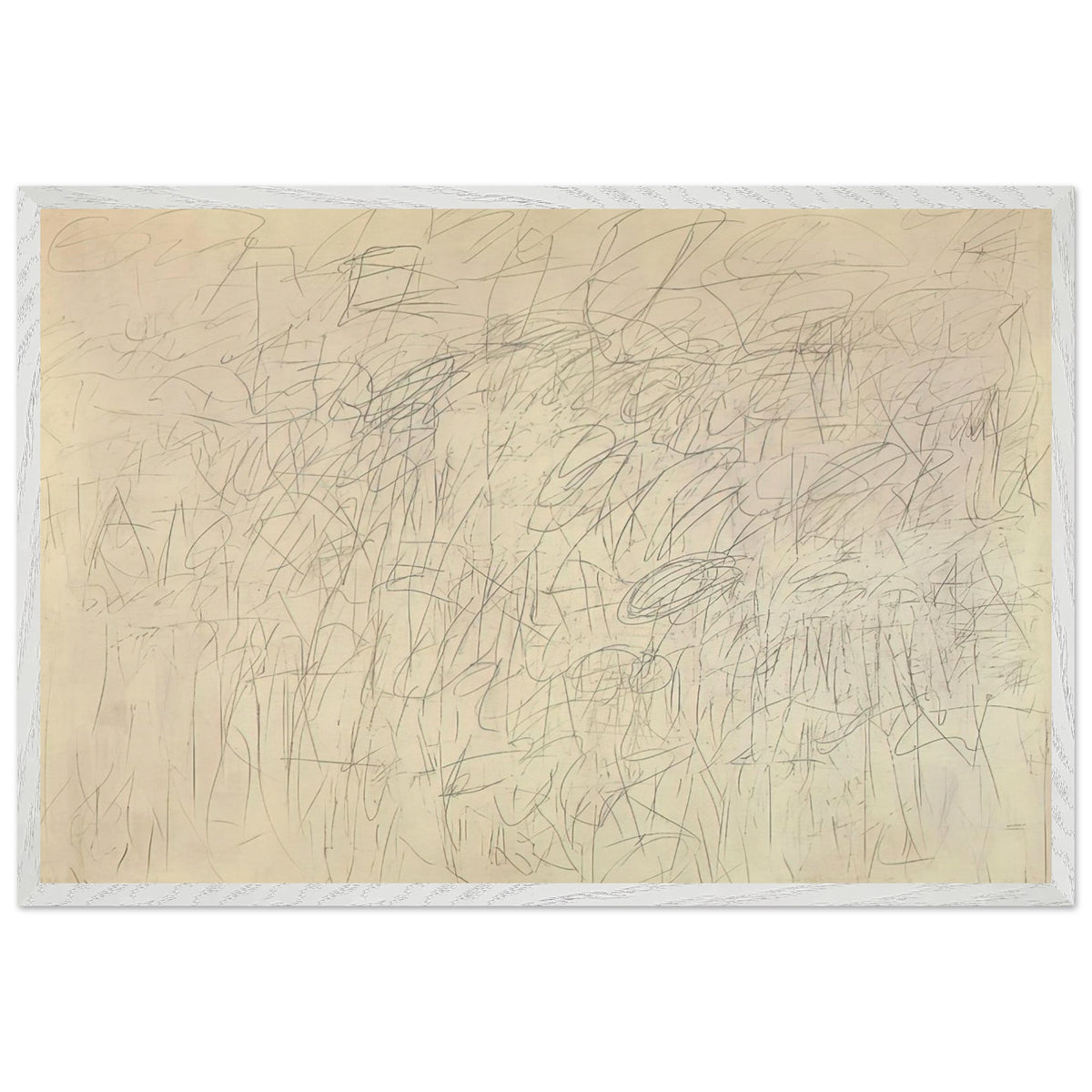 Academy by Cy Twombly framed art print; featuring an intricate network of delicate gray and black scribbles, overlapping lines, spontaneous gestures; size A1 (59.4 × 84.1 cm); white frame.