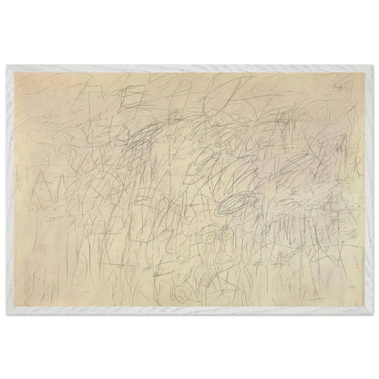 Academy by Cy Twombly framed art print; featuring an intricate network of delicate gray and black scribbles, overlapping lines, spontaneous gestures; size A1 (59.4 × 84.1 cm); white frame.