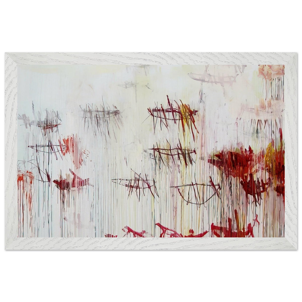 Lepanto, Part IX by Cy Twombly framed art print; featuring a luminous pale blue and ivory background, energetic crimson and burgundy marks, delicate yellow accents; size 28 × 43 cm (11 × 17 in); white frame.