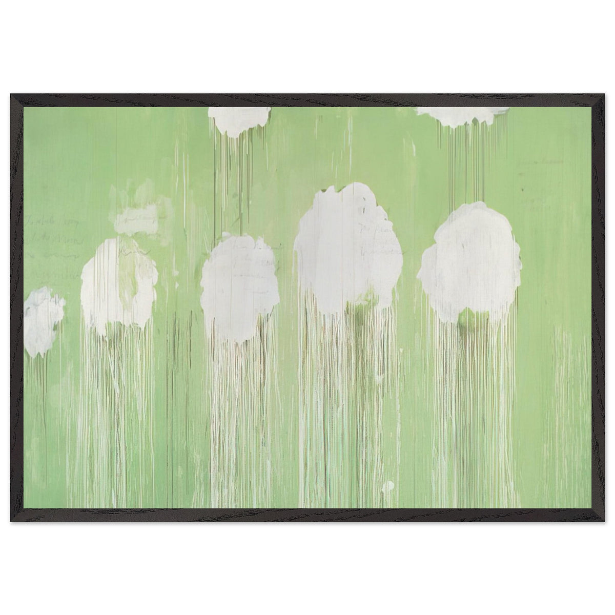 Untitled (Peony Blossom Painting) by Cy Twombly framed art print; featuring delicate white peony blossoms against a soft, luminous green background; size 30 × 45 cm (12 × 18 in); black frame.