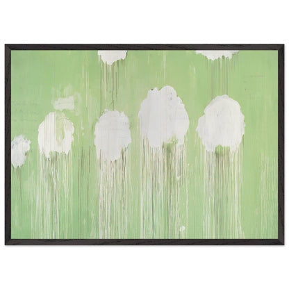 Untitled (Peony Blossom Painting) by Cy Twombly framed art print; featuring delicate white peony blossoms against a soft, luminous green background; size 30 × 45 cm (12 × 18 in); black frame.