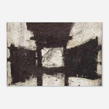 Zyig by Cy Twombly poster: This striking composition features bold black and charcoal forms against a textured ivory and off-white….