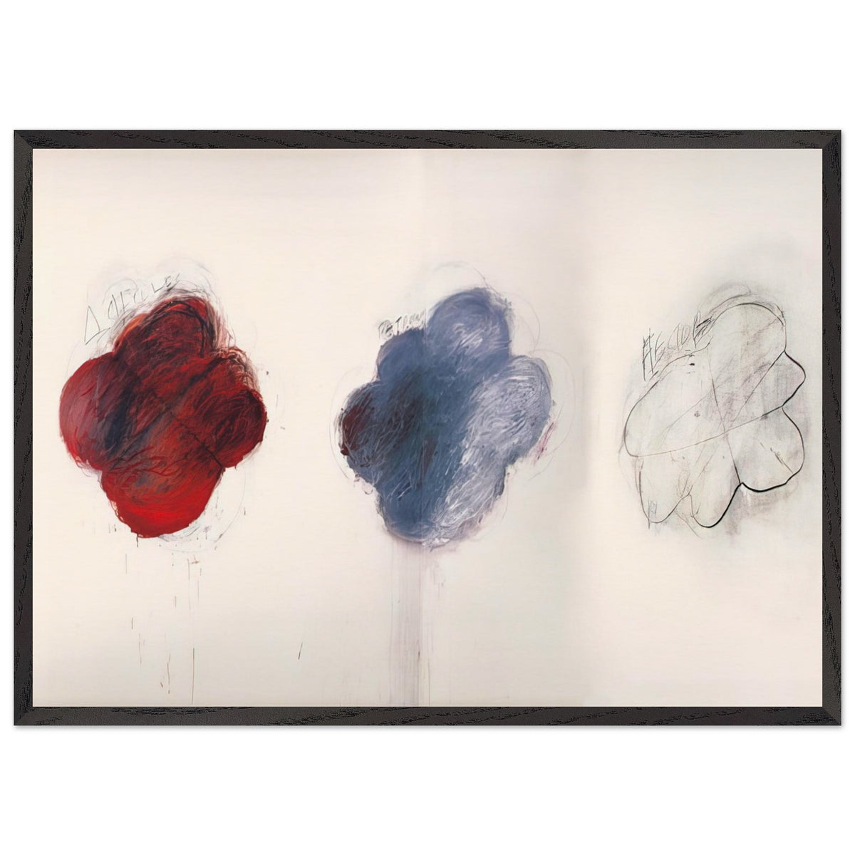 Fifty Days at Iliam: Shades of Achilles, Patroclus, and Hector by Cy Twombly framed art print; featuring three large, cloud-like forms arranged horizontally against a luminous ivory background; size 50 × 70 cm (20 × 28 in); black frame.