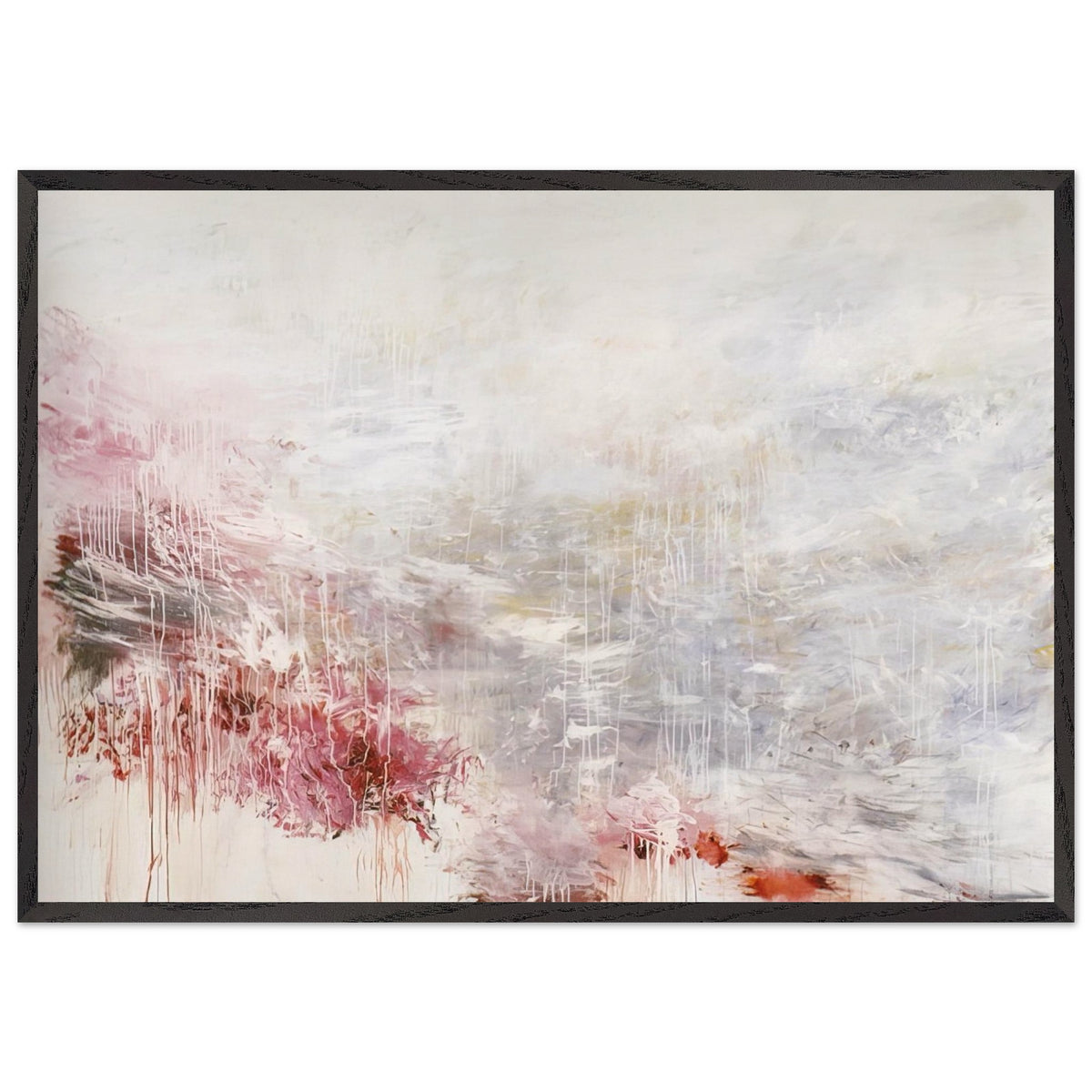 Hero and Leander (To Christopher Marlowe) [Rome] by Cy Twombly framed art print; featuring delicate washes of white, soft pink, dusty rose, and muted gray; size 800 × 1200 mm (32 × 48 in); white frame.