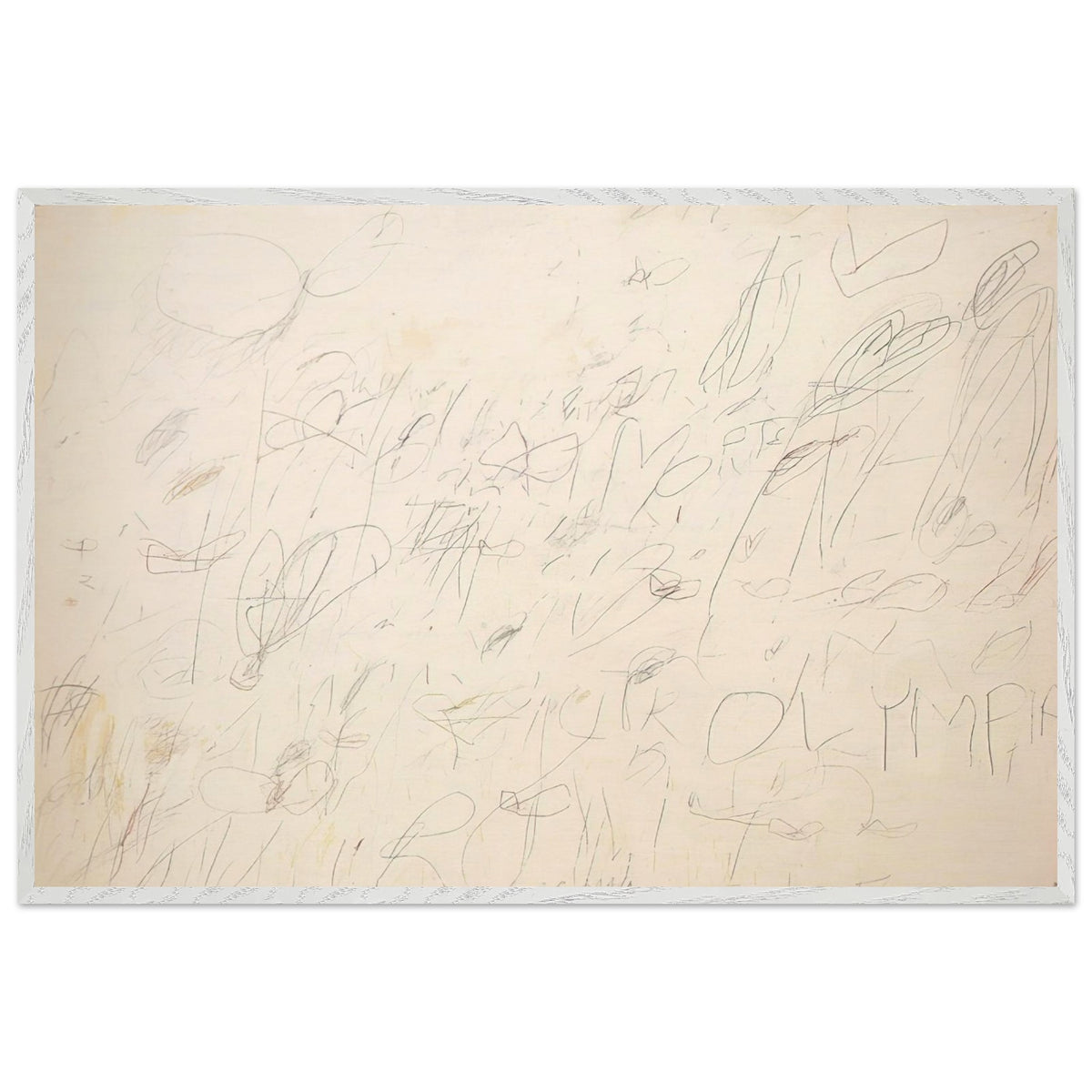 Olympia by Cy Twombly framed art print; featuring a warm ivory and pale cream background covered with delicate pencil-like lines, overlapping scribbles; size 800 × 1200 mm (32 × 48 in); black frame.