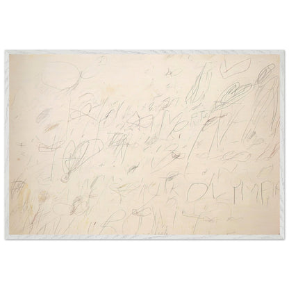 Olympia by Cy Twombly framed art print; featuring a warm ivory and pale cream background covered with delicate pencil-like lines, overlapping scribbles; size 800 × 1200 mm (32 × 48 in); black frame.